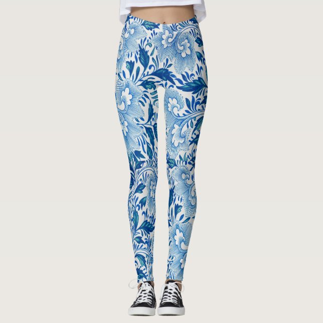 Legging Olho Asiático Floral Branco e Azul impressionante (Frente)