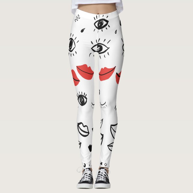 Legging Olhos vítreos, padrão de lábios vermelhos. (Frente)