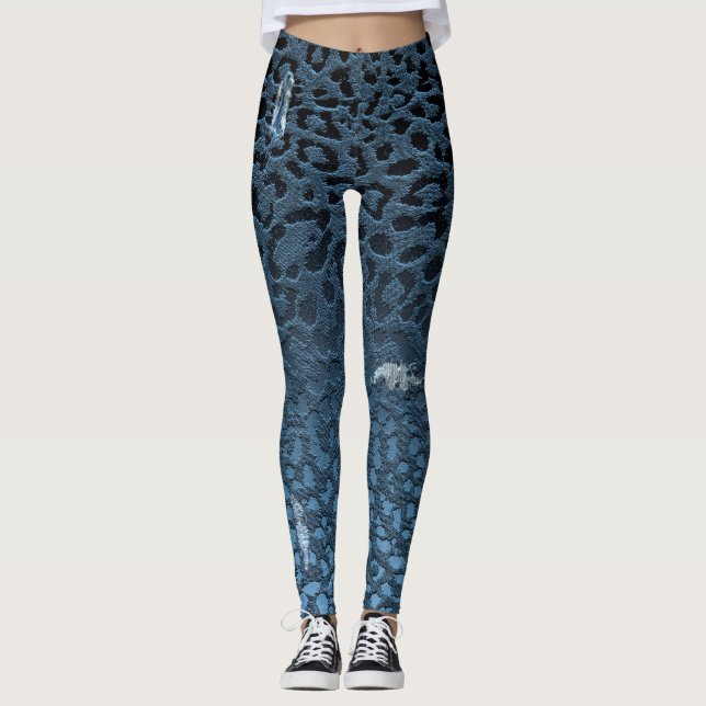 Legging Ombre Denim Jean Blue Digital Ripped Leopard Print (Frente)