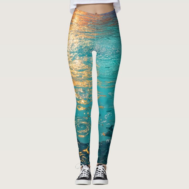 Legging Ondas Abstratas de Água com Luz Solar Dourada (Frente)