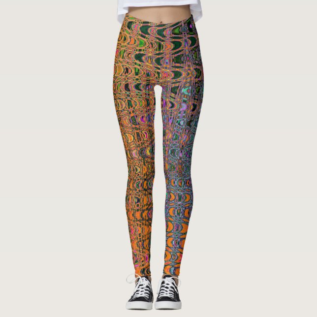 Legging Ondas Abstratas de Boomerang Retro em Laranja e Ág (Frente)