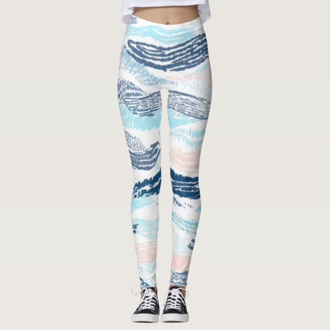 Legging Ondas Abstratas do Oceano Padrão Texturizado Azul  (Frente)