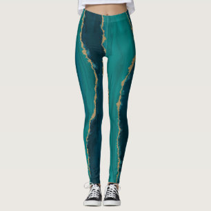Legging Ondas de Ágata Teal – Mármore Abstrato com Dourado