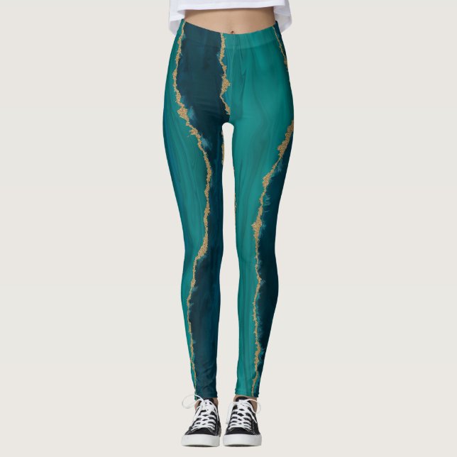 Legging Ondas de Ágata Teal – Mármore Abstrato com Dourado (Frente)