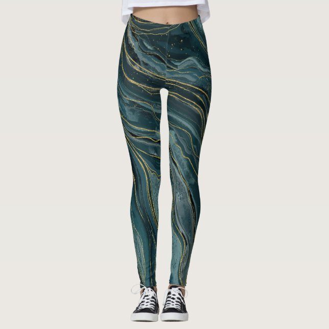 Legging Ondas de Aquarela Azul Teal Dourado Abstratas (Frente)