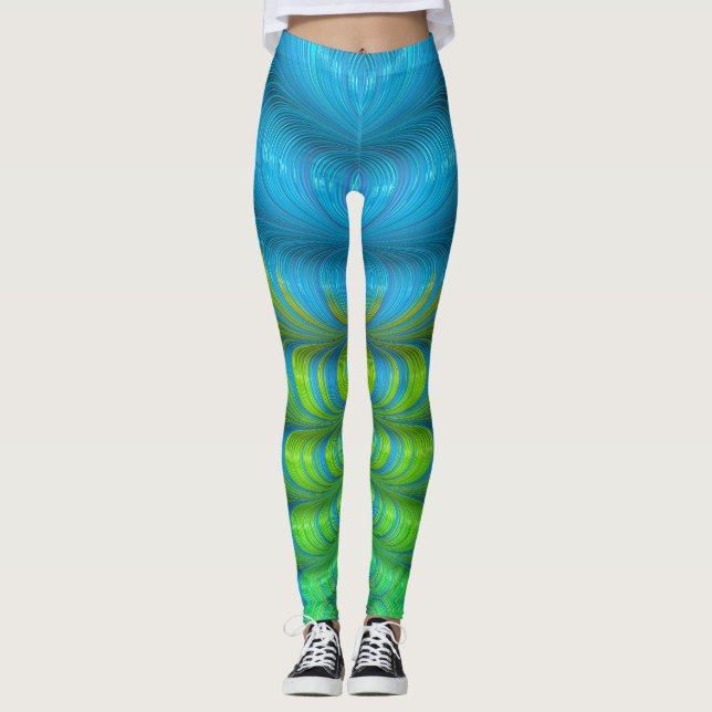 Legging Ondas dobradas de Abstrato verde e azul (Frente)