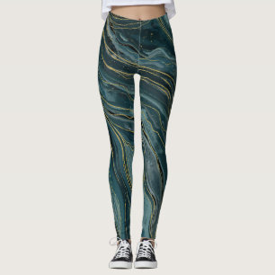 Legging Ondas Douradas de Abstrato de Aquarela Azul Teal