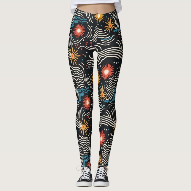 Legging Ondas Florais de Abstrato vibrantes em preto (Frente)