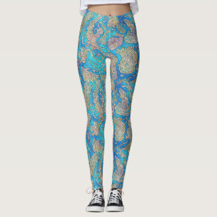 Legging Ondas marítimas Abstrato Azuis Únicas Turquesa Azu