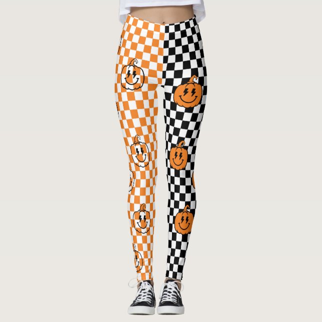 Legging Orange Black Retro Rad Pumpkin Checkered Halloween (Frente)