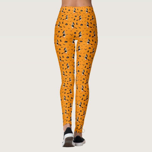 Legging Orange Halloween com bruxas e gatos pretos (Verso)