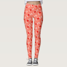 Legging Orange LOVE e Red Heart Pattern Elegante Romântico