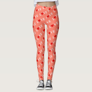 Legging Orange LOVE e Red Heart Pattern Elegante Romântico