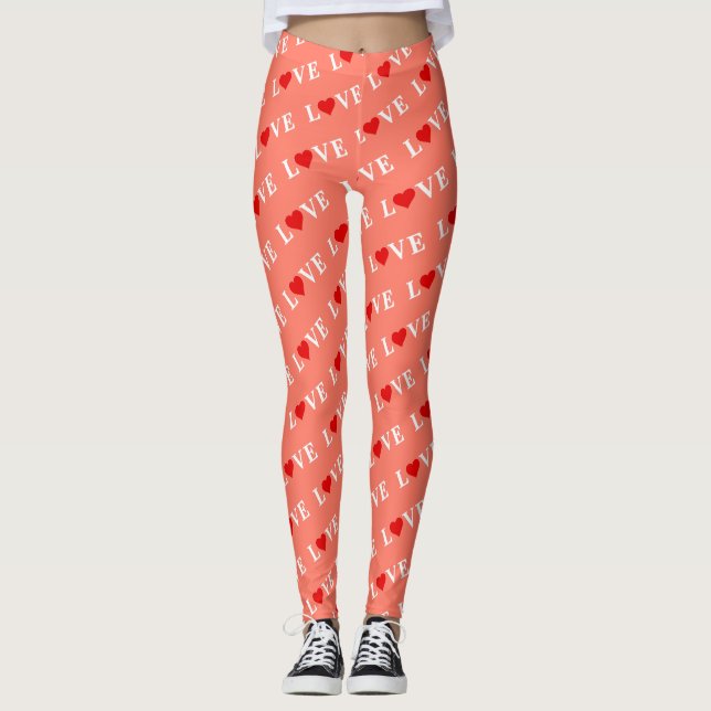 Legging Orange LOVE e Red Heart Pattern Elegante Romântico (Frente)