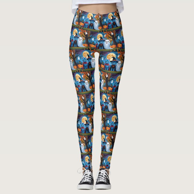 Legging Oriental Blue Cats Pumpkin Halloween Engraçado (Frente)