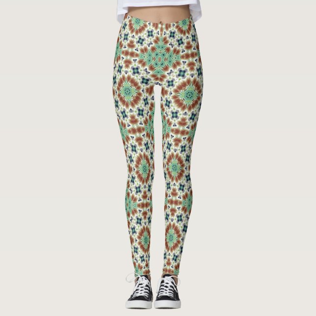 Legging Ornamento colorido caleidoscópio bege turquesa (Frente)