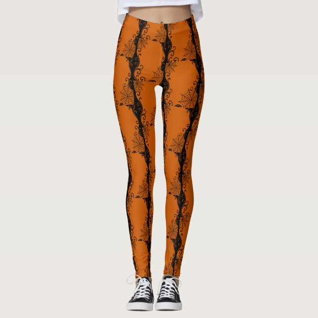 Legging Ornamento de teia Laranja Negro halloween (Frente)