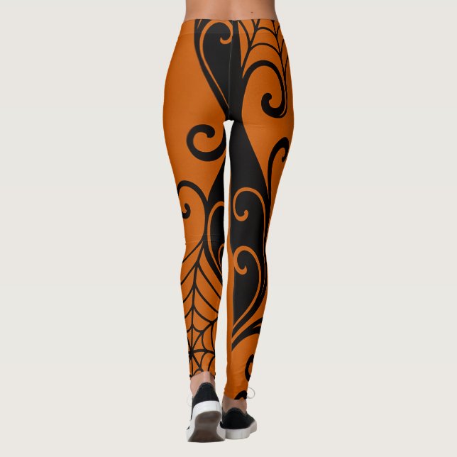 Legging Ornamento de teia Laranja Negro halloween (Verso)