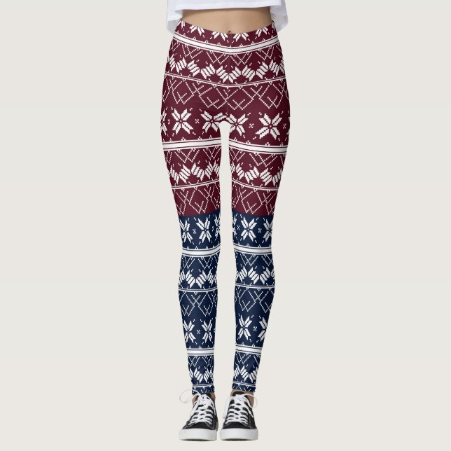 Legging Ornamento escandinavo em azul, burgundy (Frente)