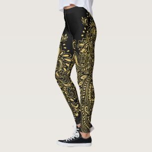Legging Ornamento Floral de Mandala Preto e Dourado