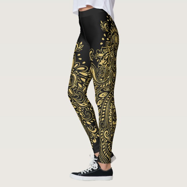 Legging Ornamento Floral de Mandala Preto e Dourado (Esquerda)