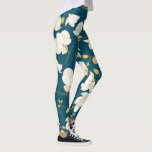 Legging Orquídea elegante, branca e azul, Dourada, moderna<br><div class="desc">Pernas modernas,  com um padrão floral elegante,  com belas orquídeas estilizadas de ouro e brancas,  sobre fundo azul; a faixa da cintura é azul.</div>