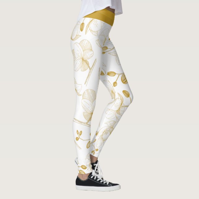 Legging Orquídea elegante Dourada e branca, floral moderno (Direita)