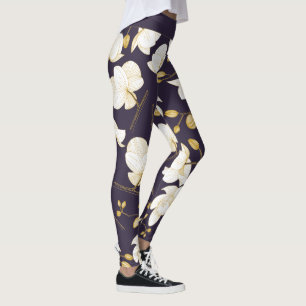 Legging Orquídea elegante e Dourada, branca e roxa, floral