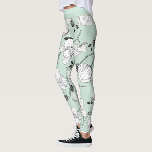 Legging Orquídea floral elegante branca e preta (Esquerda)