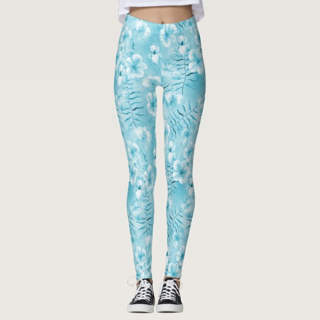 Legging Orquídeas Brancas Tropicais de Aqua Hibiscus Flora (Frente)
