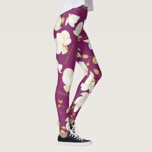 Legging Orquídeo elegante, Dourado, branco e magenta, flor