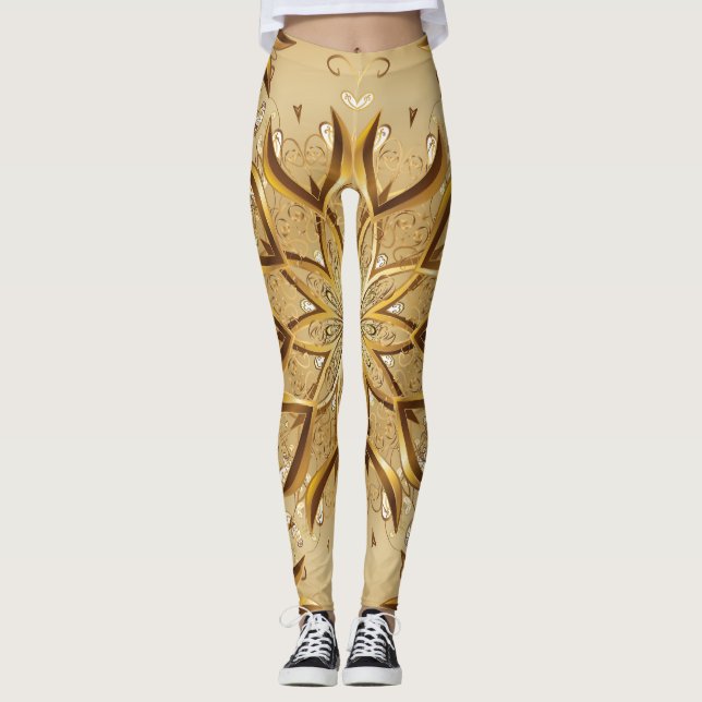 Legging Ouro de abertura, textura de esboço oriental. (Frente)
