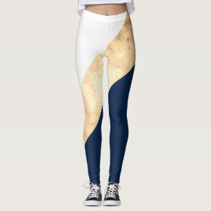 Legging ouro elegante do falso, azul marinho, listras
