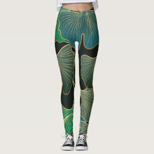 Legging Ouro luxuoso Ginkgo, arte vintage.