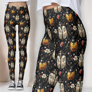 Legging Ouro Preto Floral Branco Besouro Botânico