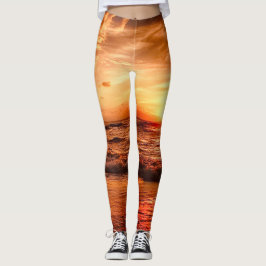 Legging Ouro Quente Laranja Sunset Sobre Oceano