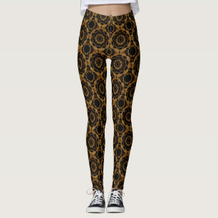 Legging Ouro retro e teste padrão preto da mandala