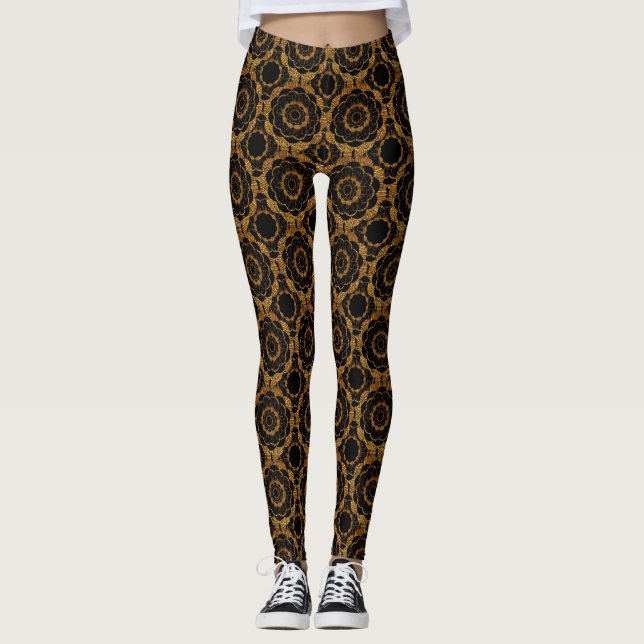Legging Ouro retro e teste padrão preto da mandala (Frente)
