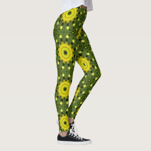 Legging Ouro Verde Ruptura Solar Caleidoscópio Padrão Flor