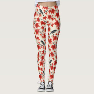 Legging Outono Álamo e Aves Arte Japonesa