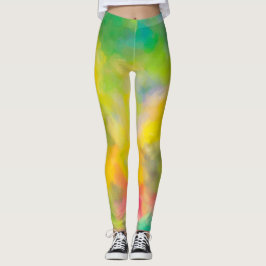 Legging Padrão Abstratado de Arte Botânica Amarela e Verde