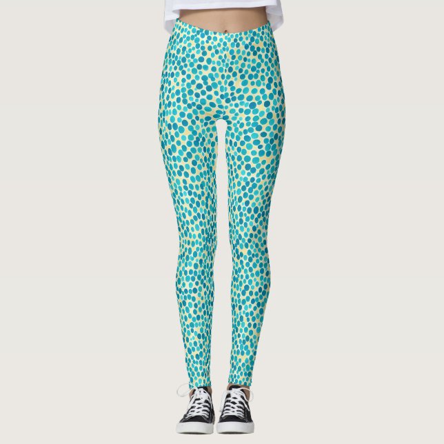 Legging Padrão Abstrato de Aquarela Azul Turquesa e Amarel (Frente)