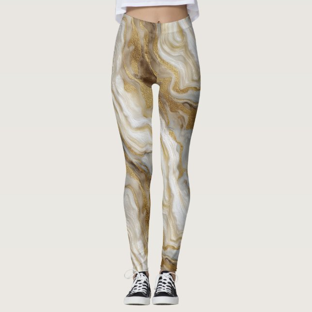 Legging Padrão Abstrato de Mármore Dourado Branco de Luxo (Frente)