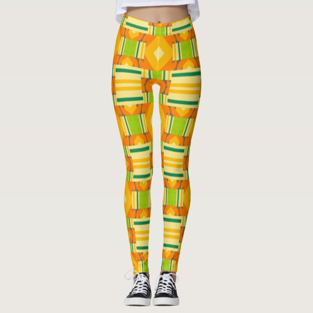 Legging Padrão abstrato Laranja e Verde com Ouros (Frente)