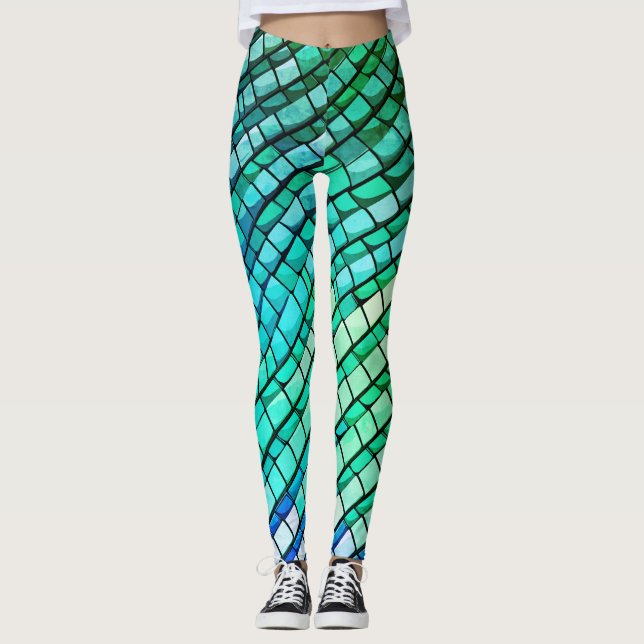 Legging Padrão Abstrato Moderno de Pele de Réptil Turquesa (Frente)
