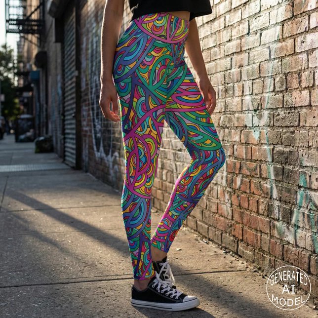 Legging Padrão Abstrato Neon de Doodle Psicodélico Retrô (Criador carregado)