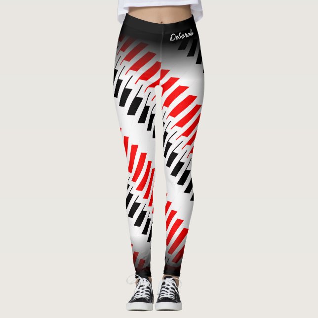 Legging Padrão abstrato vermelho branco e preto com nome (Frente)