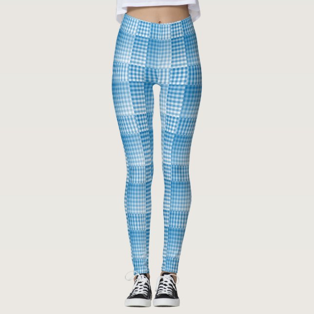 Legging Padrão Abstrato Xadrez Branco Azul (Frente)