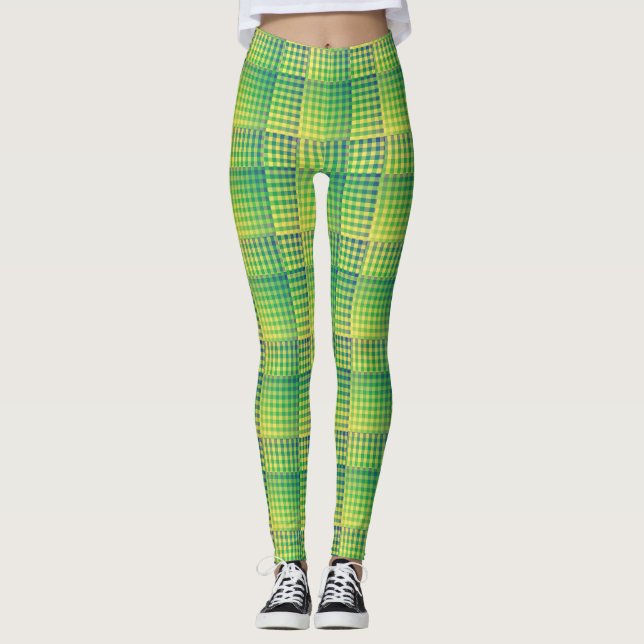 Legging Padrão Abstrato Xadrez Verde Azul (Frente)