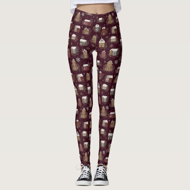 Legging Padrão Aconchegante da Vila de Inverno com Neve (2 (Frente)
